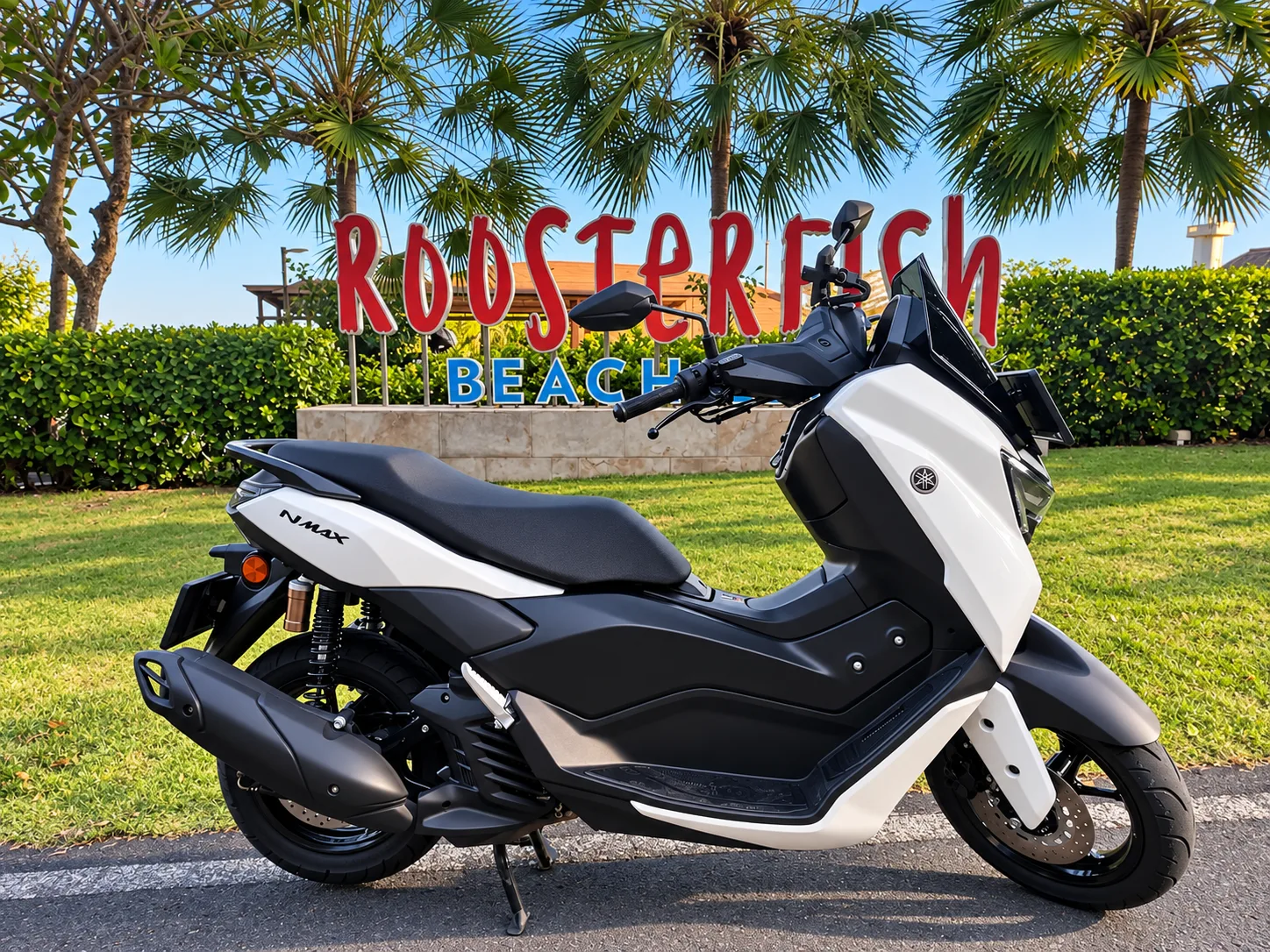 Yamaha NMAX in white at Roosterfish Beach, Bali